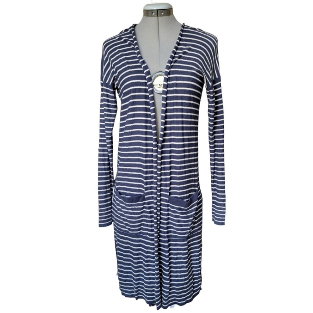 Athleta Retreat Longline Stripe Cardigan Silk Cashmere Blend Size Small Navy